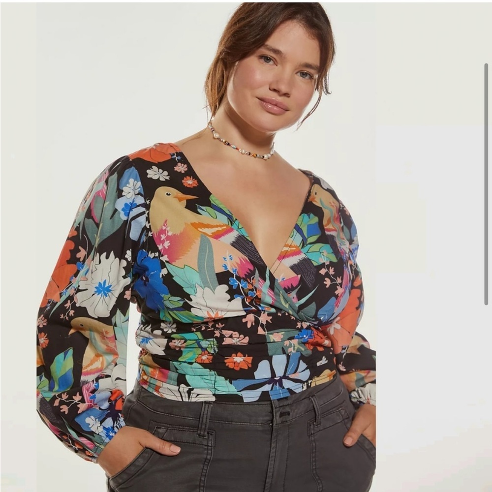 Anthropologie Conditions Apply Floral Bird Print Open Back Top